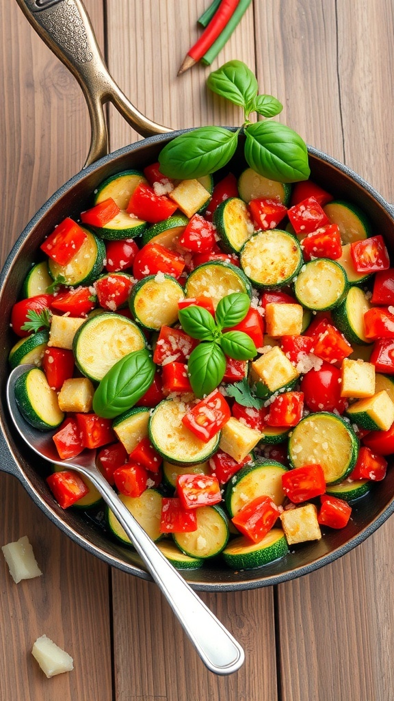 A skillet with zucchini and tomatoes topped with melted parmesan cheese, garnished with basil and parsley.